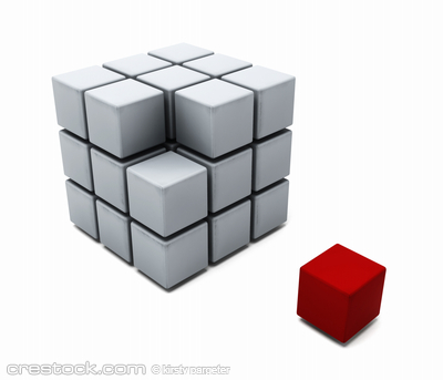 3D render of a cube of blocks with one red blo...